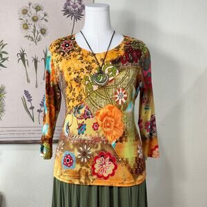 90s Y2k Patchwork Floral 3/4 Sleeve Top Fairy Whimsy Boho Hippie Whimsigoth L